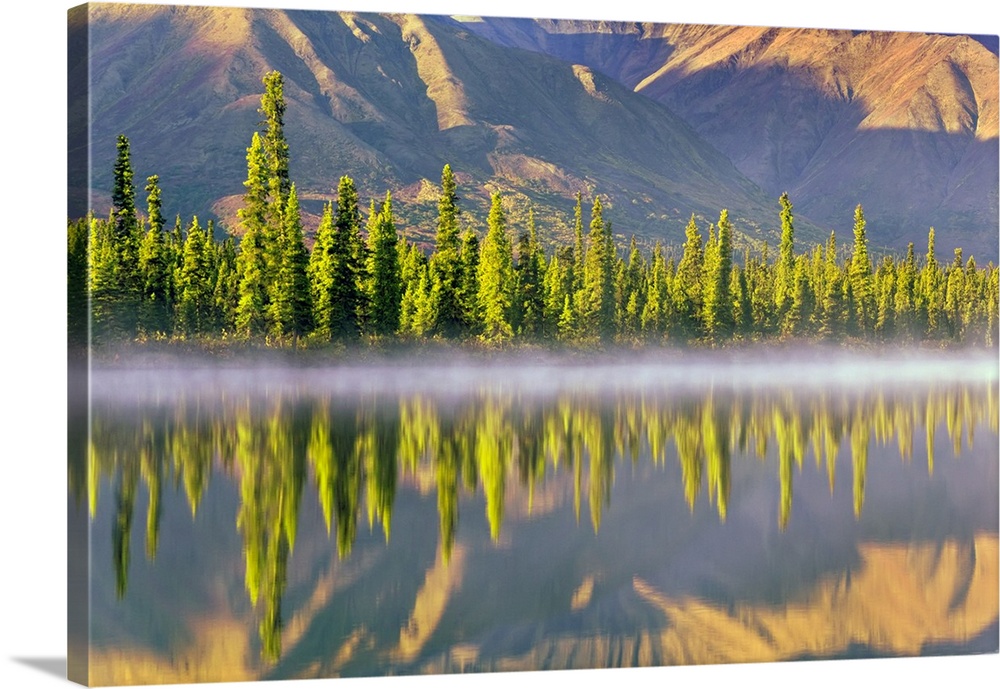 Forest Reflects In Drashner Lake W/Mist Along Shoreline Ak Range In Background Southcentral Alaska Autumn