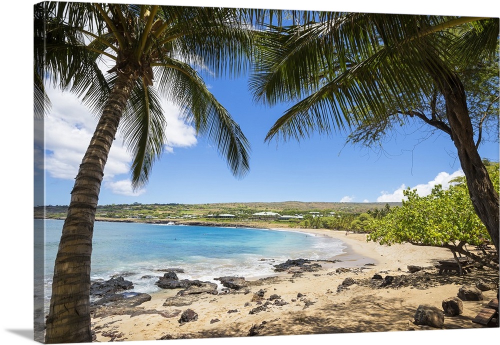 Four Seasons Resort overlooking the golden beach and palm trees at Hulopo'e Beach Park; Lanai, Hawaii, United States of Am...