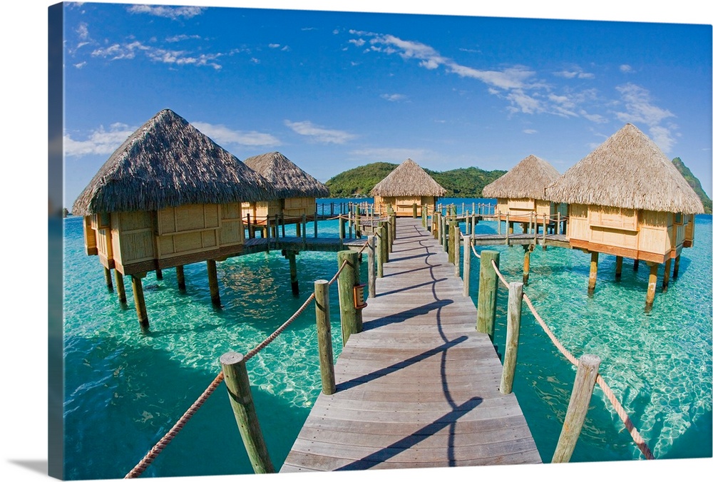 French Polynesia, Pearl Resort, Bungalows Over Beautiful Turquoise Ocean