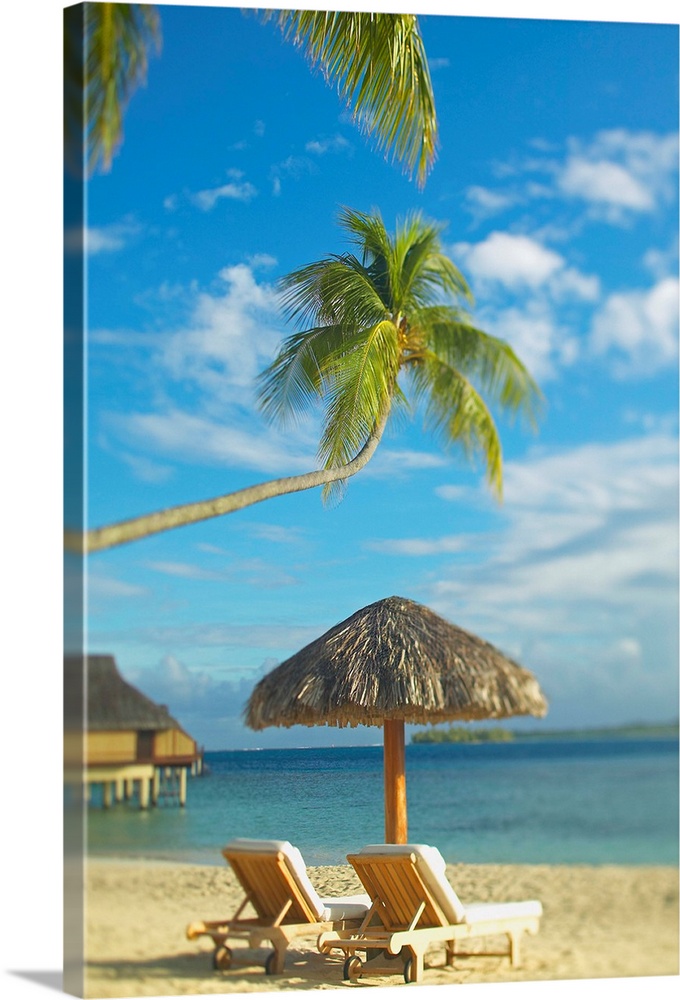 Photograph taken of two beach chairs and an umbrella sitting on a beach in Tahiti. A palm tree stretches out and hangs ove...