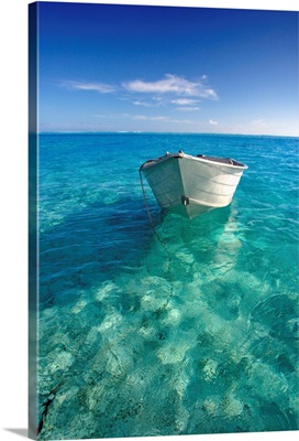 French Polynesia, Tahiti, Bora Bora, White Boat Floating On Turquoise Water