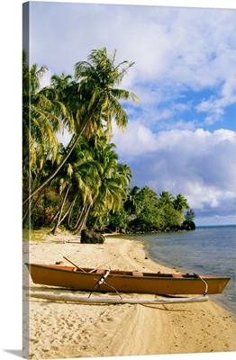 French Polynesia, Tahiti, White Sand Beach With Palm Trees And Canoe