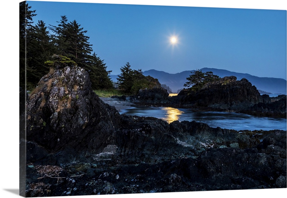 A full moon rises over Nootka Island, Nuchatlitz Provincial Park; British Columbia, Canada