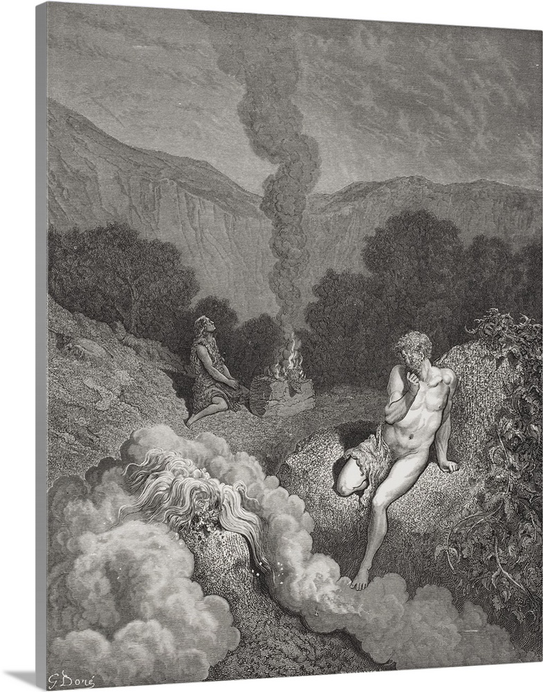 Engraving From The Dore Bible Illustrating Genesis IV, 3 To 5, Cain And Abel Offering Their Sacrifices, By Gustave Dore, 1...