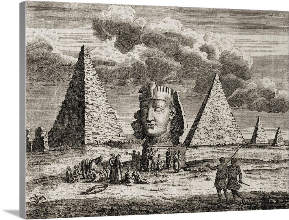 Giza, Egypt. Pyramids And Sphinx As Imagined By 18th Century Artist. (From 18th Century Print) Engraved By J. Clark 1735.