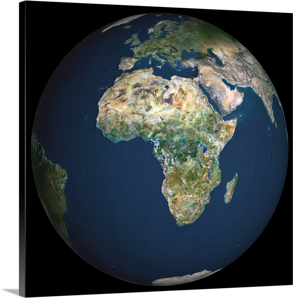 Globe Africa, True Colour Satellite Image. Earth. True colour satellite image of the Earth, centred on Africa. North is at...