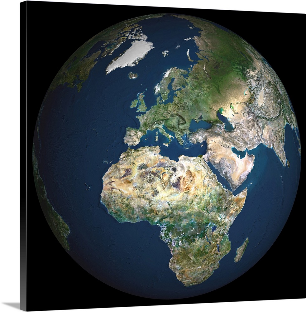 Globe Europe, True Colour Satellite Image. True colour satellite image of the whole earth, showing Europe at centre. The p...
