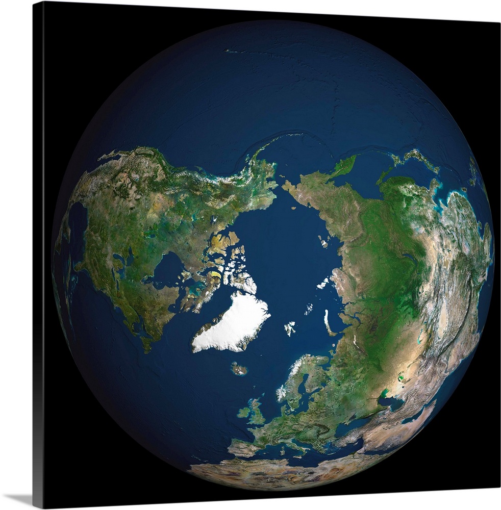 Globe North Pole, True Colour Satellite Image. Cloudless true colour satellite image of the Earth, centred on the Arctic o...