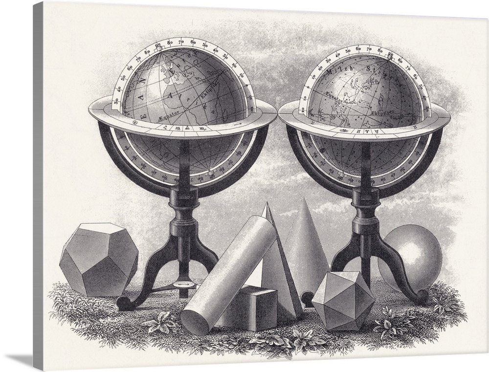 Globes Of The Earth And The Heavens Surrounded By Geometrical Forms. From A 19th Century Print.