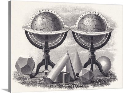 Globes Of The Earth And The Heavens Surrounded By Geometrical Forms