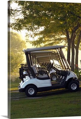 Golf Carts In Early Morning At A Golf Club, Newmarket, Ontario, Canada