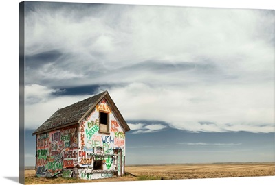 Graffiti Covered Abandoned Shed Near Linden, Alberta, Canada