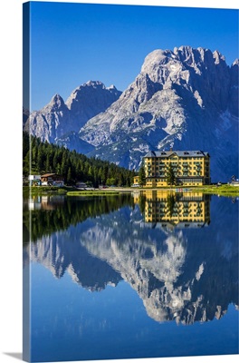 Grand Hotel Misurina Reflected In Lake Misurina In The Dolomites In Veneto, Italy