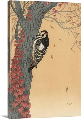 Great Spotted Woodpecker In Tree With Red Ivy By Japanese Artist Ohara Koson