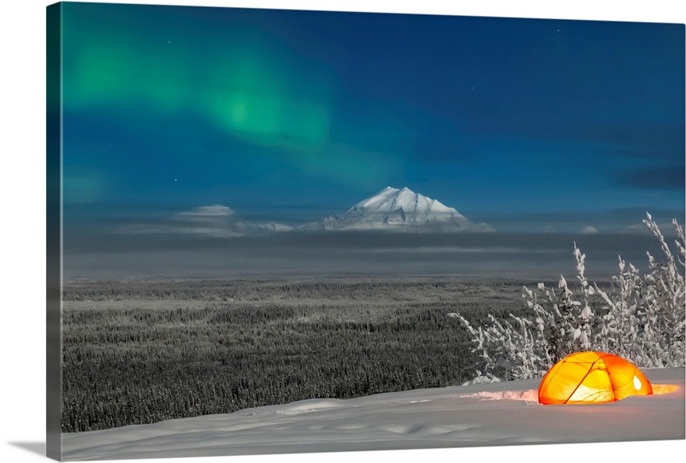 Green Aurora Borealis shines above moonlight casting light on Mount Drum and the Copper River Valley, a glowing tent on a ...