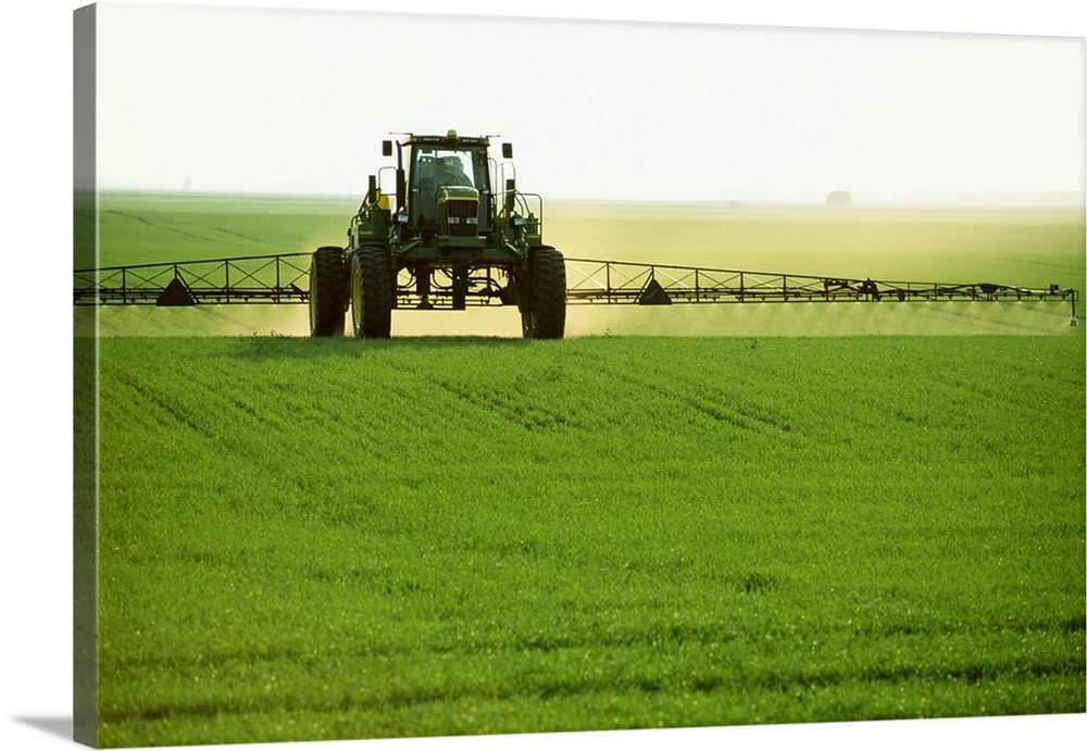 Ground application of herbicide on early growth oats, near Niverville, Manitoba, Canada