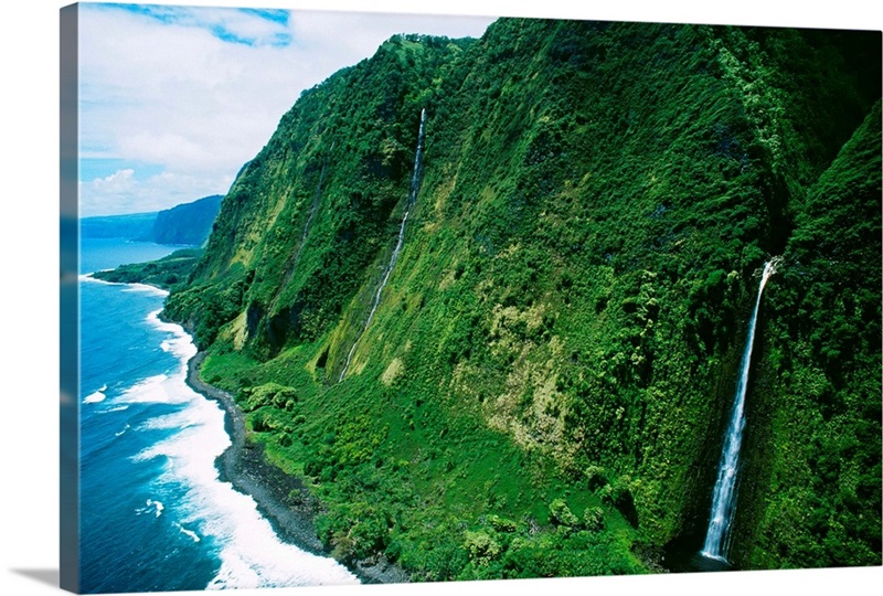 Hawaii, Big Island, Hamakua Coast, Waterfalls Cascade Into The Ocean