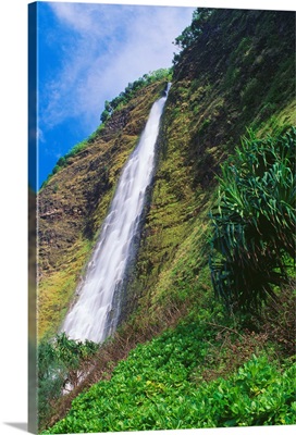 Hawaii, Big Island, Waipio Valley, Kaluahine Falls Coming Down Mountain