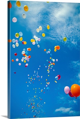 Hawaii, Colorful Balloons Float In The Air Against A Blue Sky With Clouds