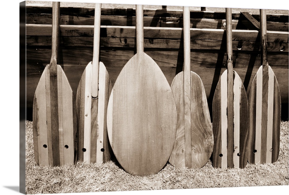 Hawaii, Different Shaped Canoe Paddles In Front Of Koa Canoe