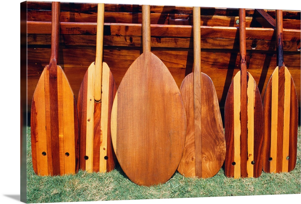 Hawaii, Different Shaped Canoe Paddles In Front Of Koa Canoe
