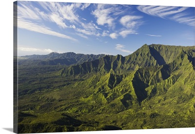 Hawaii, Kauai, Aerial Scenic Of Lush Mountains, Valleys, Ridges, Plateaus