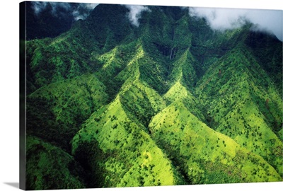 Hawaii, Kauai, Makalena Mountains, Lush Aerial View Of Mountain