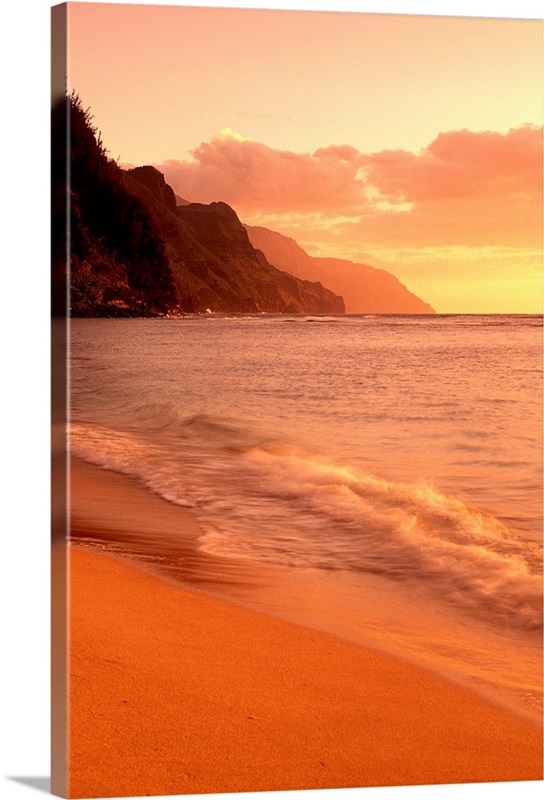 Hawaii, Kauai, Na Pali Coast, At Sunset From Kee Beach Wall Art, Canvas