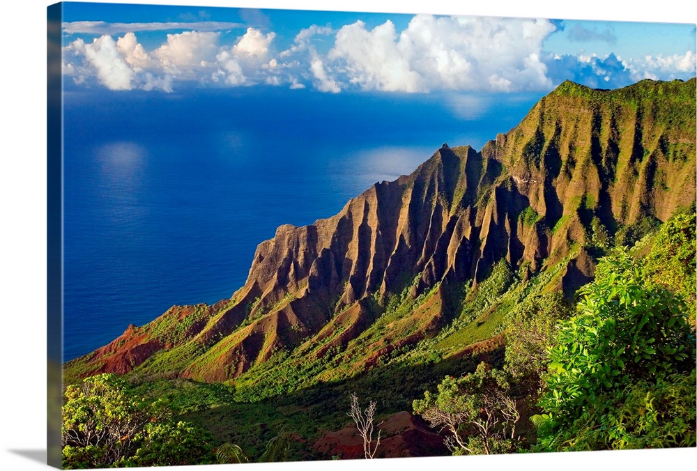 This is a landscape photograph of mountain cliffs on a view down a hillside to the ocean and cumulous clouds on the horizon.
