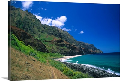 Hawaii, Kauai, Na Pali Coast, Trail Ending At Kalalau Beach, Blue Skies