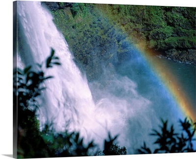 Hawaii, Kauai, View Looking Down Wailua Falls With Rainbow Arching