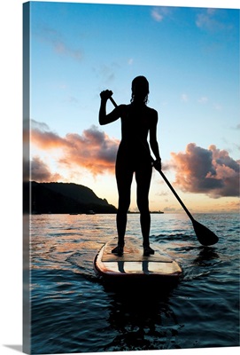 Hawaii, Kauai, Woman Stand Up Paddling In Ocean, Beautiful Sunset