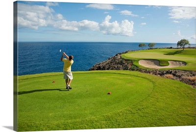 Hawaii, Lanai, Man Playing Golf At The Challenge At Manele Golf Course