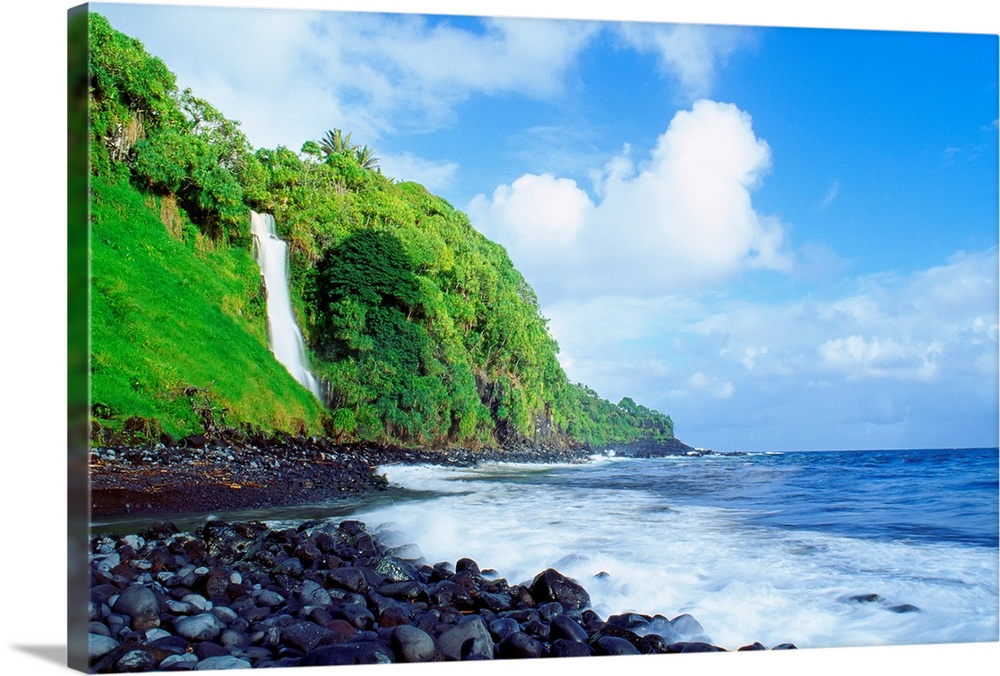 Hawaii, Maui, Hana, Pokupupu Point And Waikani Falls Going Into Ocean