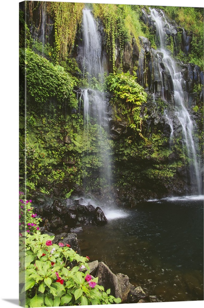 Hawaii, Maui, Hana, Two Waterfalls Into One Pool, Lush Greenery