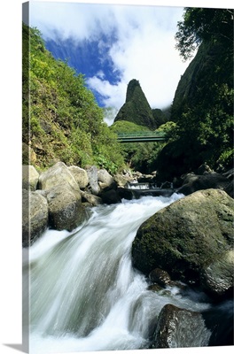 Hawaii, Maui, Iao Valley, Iao Needle In Background, Rushing Stream