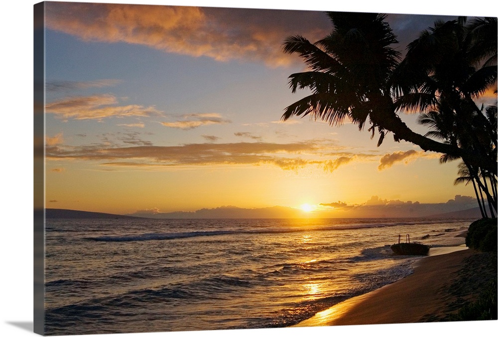 Hawaii, Maui, Kaanapali Resort, Sunset With Beach And Palm Trees