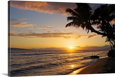 Hawaii, Maui, Kaanapali Resort, Sunset With Beach And Palm Trees