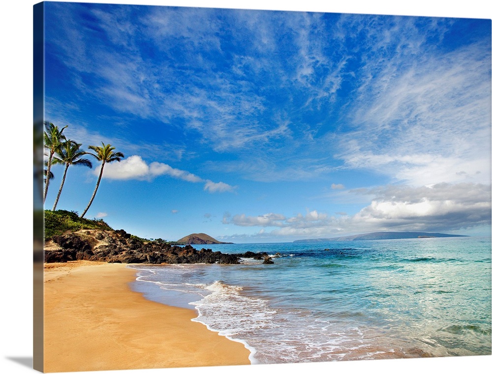 Tropical beach with small, calm waves under a partly cloudy sky, with a few palm trees in the distance.