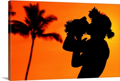 Hawaii, Maui, Napili, Silhouette Of Man Blowing Conch Shell At Sunset