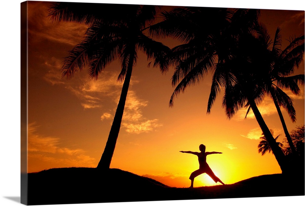 Hawaii, Maui, Olowalu, Woman Doing Yoga At Sunset Under Palm Tree