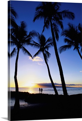 Hawaii, Maui, silhouette of couple holding hands, walking along rock wall at sunset