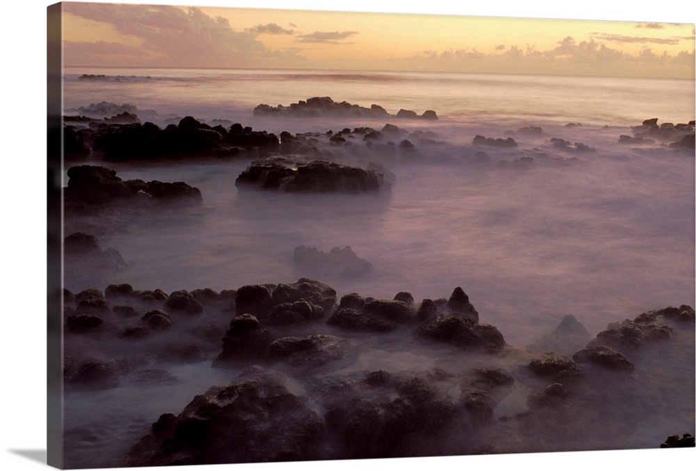 Hawaii, Molokai, Kau Poa Beach, Lava Rocks In Foggy Layer In Pale Sunrise
