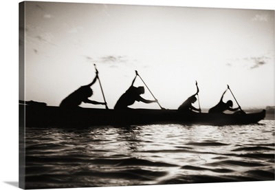 Hawaii, Molokai To Oahu Canoe Race, Paddlers Silhouetted At Sunset