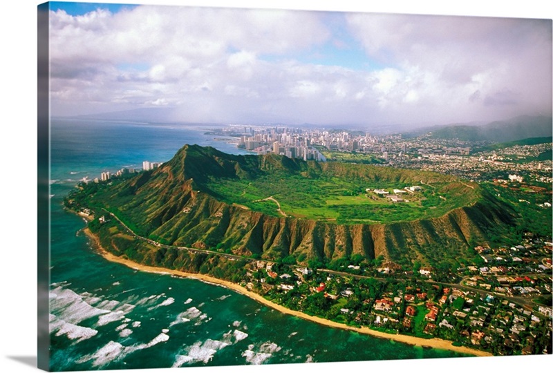 Hawaii, Oahu, Aerial Of Diamond Head Crater With Coastline View Great Big Canvas