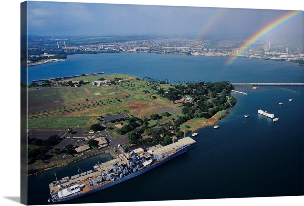 Hawaii, Oahu, Aerial Of Uss Missouri Docked At Pearl Harbour With Uss Arizona Memorial