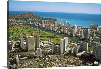 Hawaii, Oahu, Aerial View Of Diamond Head, Waikiki And Golf Course