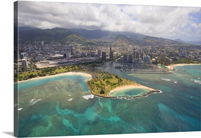 Hawaii, Oahu, Honolulu, Aerial Of Magic Island, Ala Wai Yacht Basin
