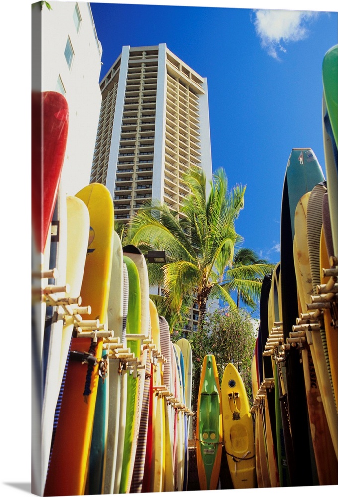 Hawaii, Oahu, Honolulu, Waikiki Beach, Closeup Of Surfboards Lined Up