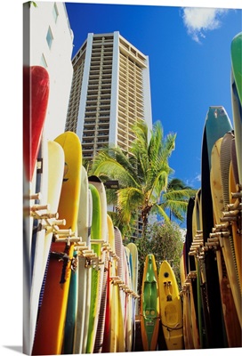 Hawaii, Oahu, Honolulu, Waikiki Beach, Closeup Of Surfboards Lined Up